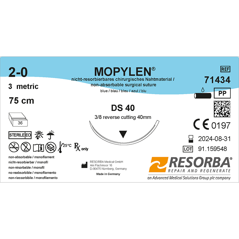 Мопілен USP5-0 синій, довжина 45см, зворотньо-ріжуча голка 16мм, 3/8 кола